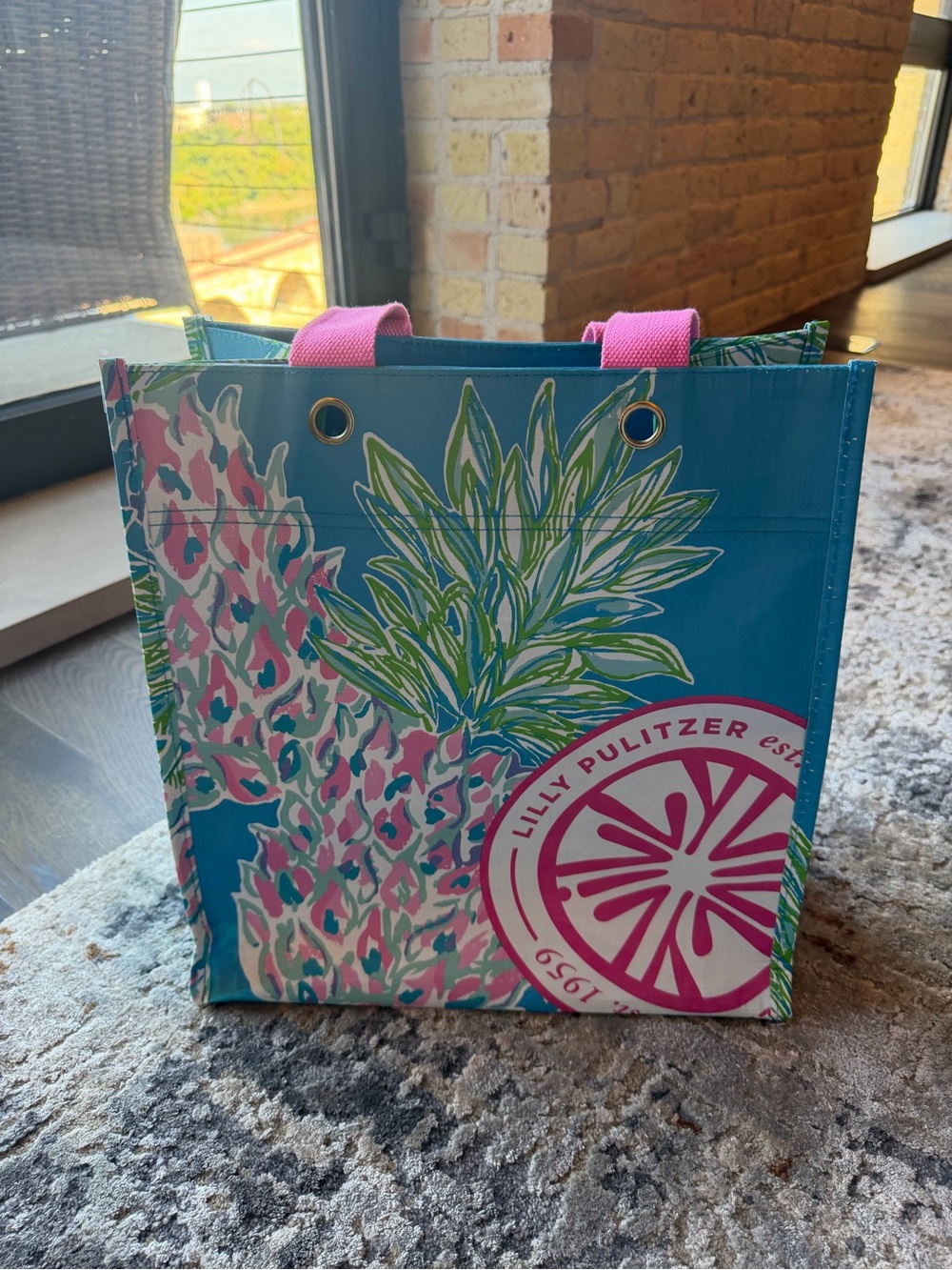 Lilly Pulitzer Blue Tote with Pink Handles and Tropical Print